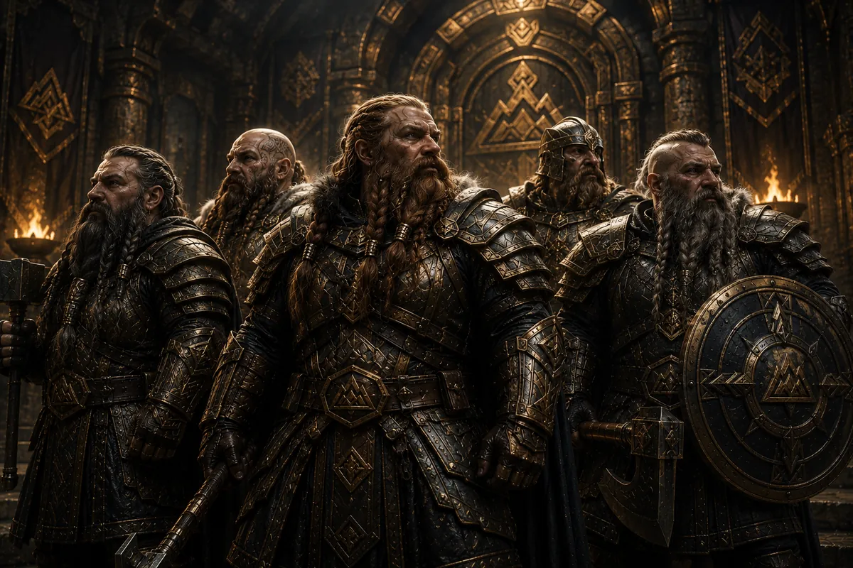 A company of dwarven warriors in heavy ornate armour standing within a vast Baralt mountain hall of carved stone, gold reliefs, and dramatic firelight.