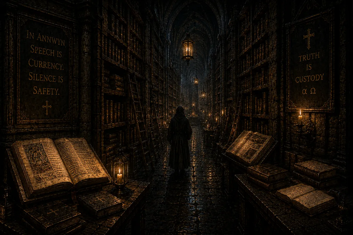 The Library of Annwyn — a long corridor of shelves where a lone keeper walks between the records of silence and safety