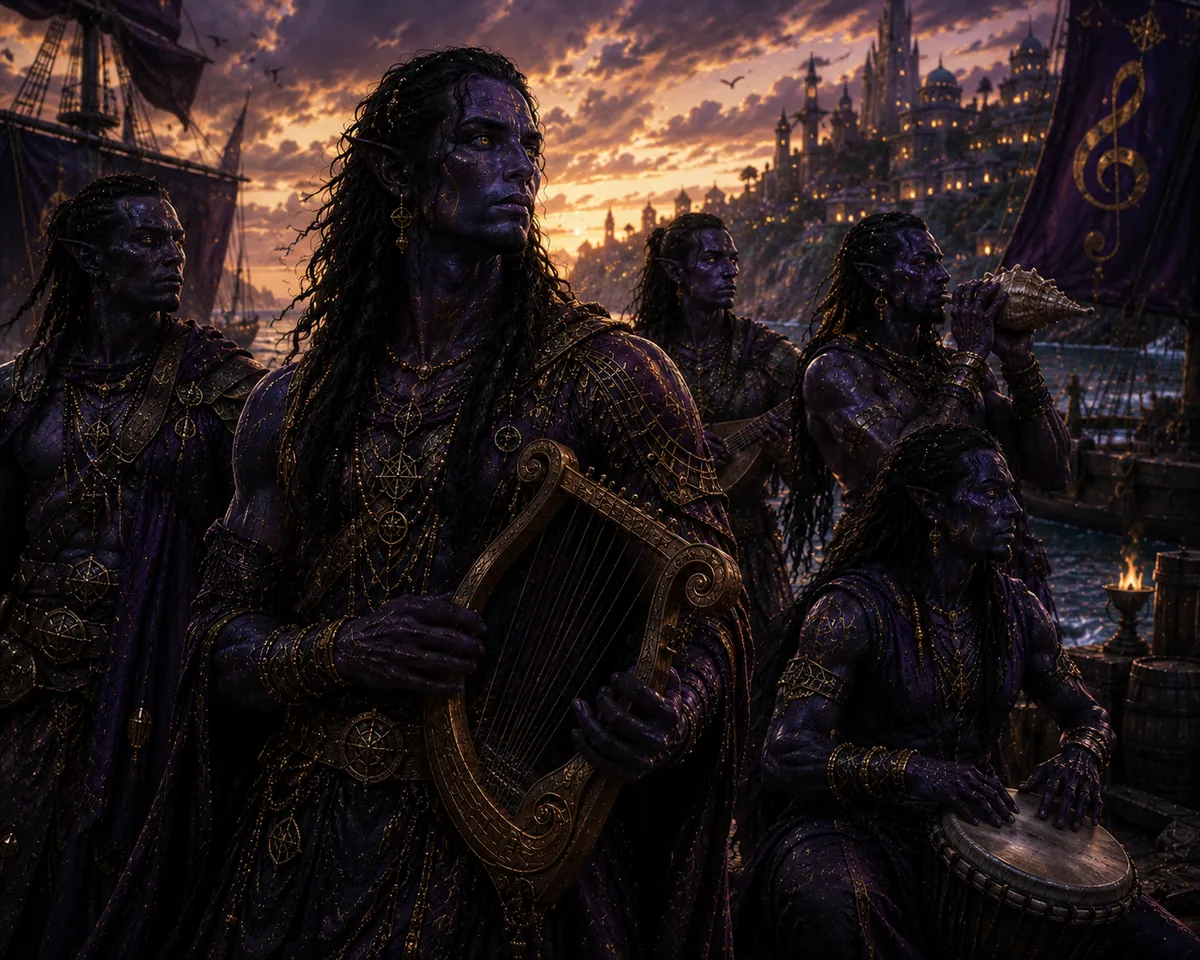 People of Tulon with dark purple skin and brilliant amber eyes gathered on an island harbour of ancient coastal architecture and moored ships, holding lyres, horns, and drums.