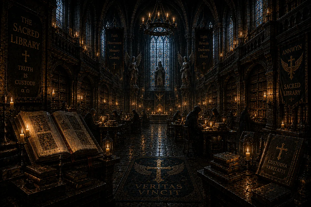 The Library of Annwyn — the grand hall of the Sacred Library, banners of faith, discernment, memory, and custody hanging above the scribes