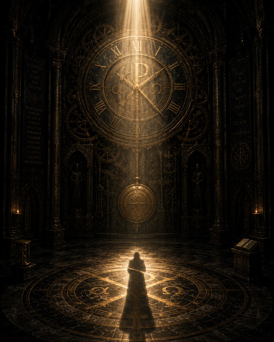 The Clock of Annwyn — a vast gilded clock face crowned by the Chi-Rho, Alpha and Omega upon its dial, a shaft of light falling upon the marble floor where the shadow of a keeper bears witness