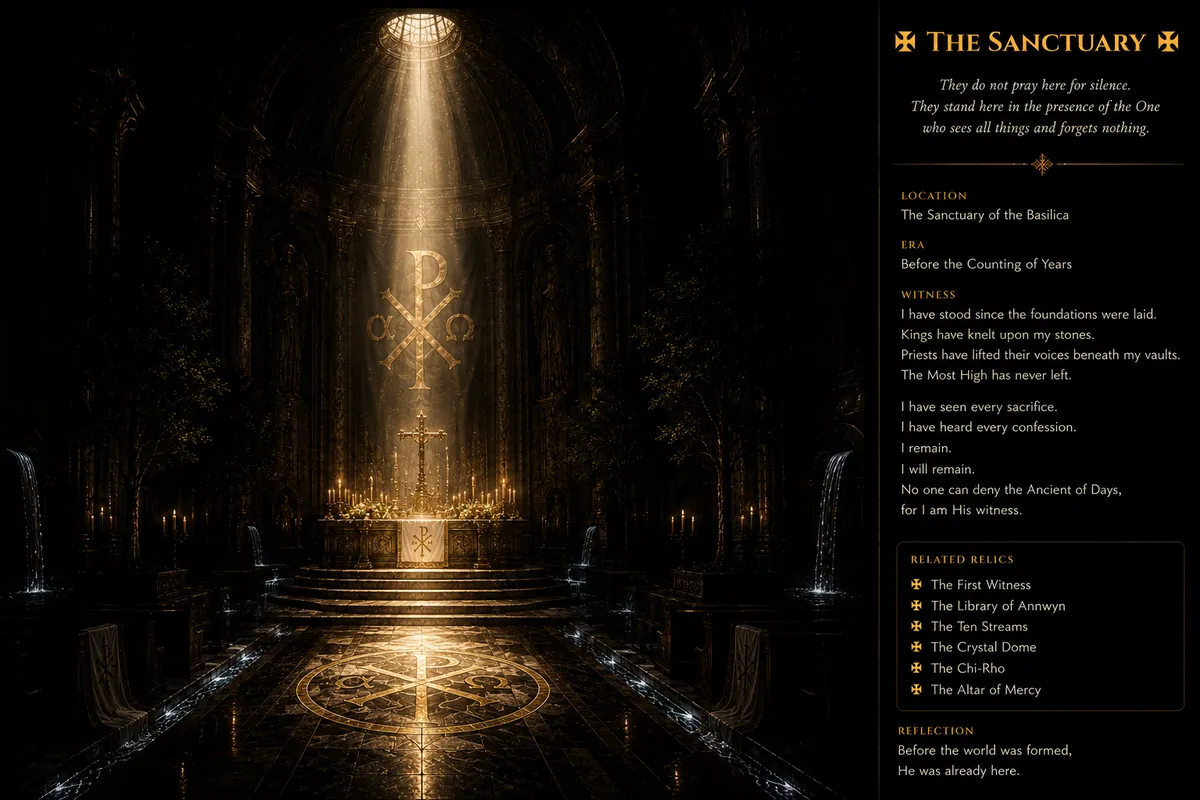 The Sanctuary — a golden shaft of light descending upon the altar of the Basilica, the Chi-Rho shining above the waters