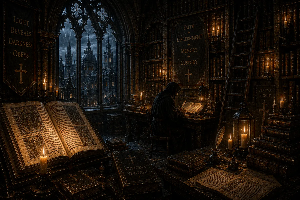 The Library of Annwyn — a candlelit study overlooking the city, where a scribe reads beneath the words: Light reveals; darkness obeys