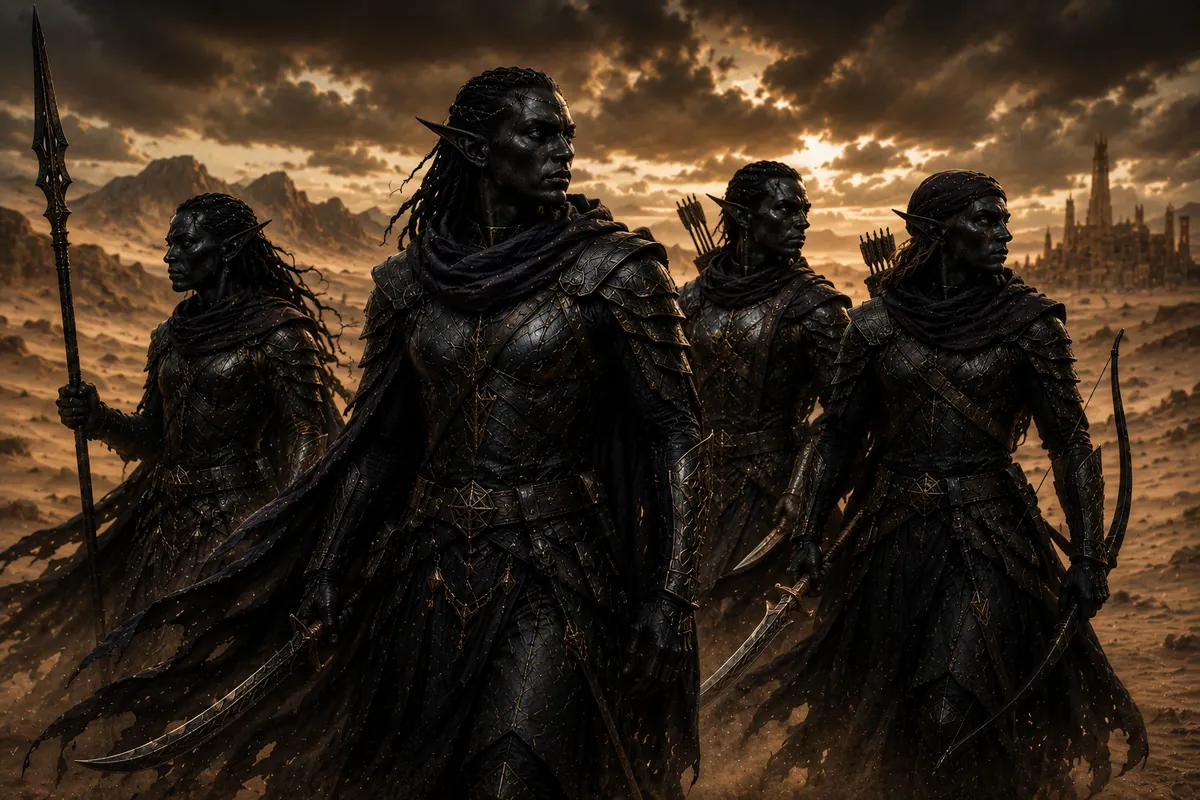 Obsidian-skinned Zaron elf warriors in dark elegant armour standing on desert dunes with elegant spears and curved blades; a vast sandstone city rises behind them.