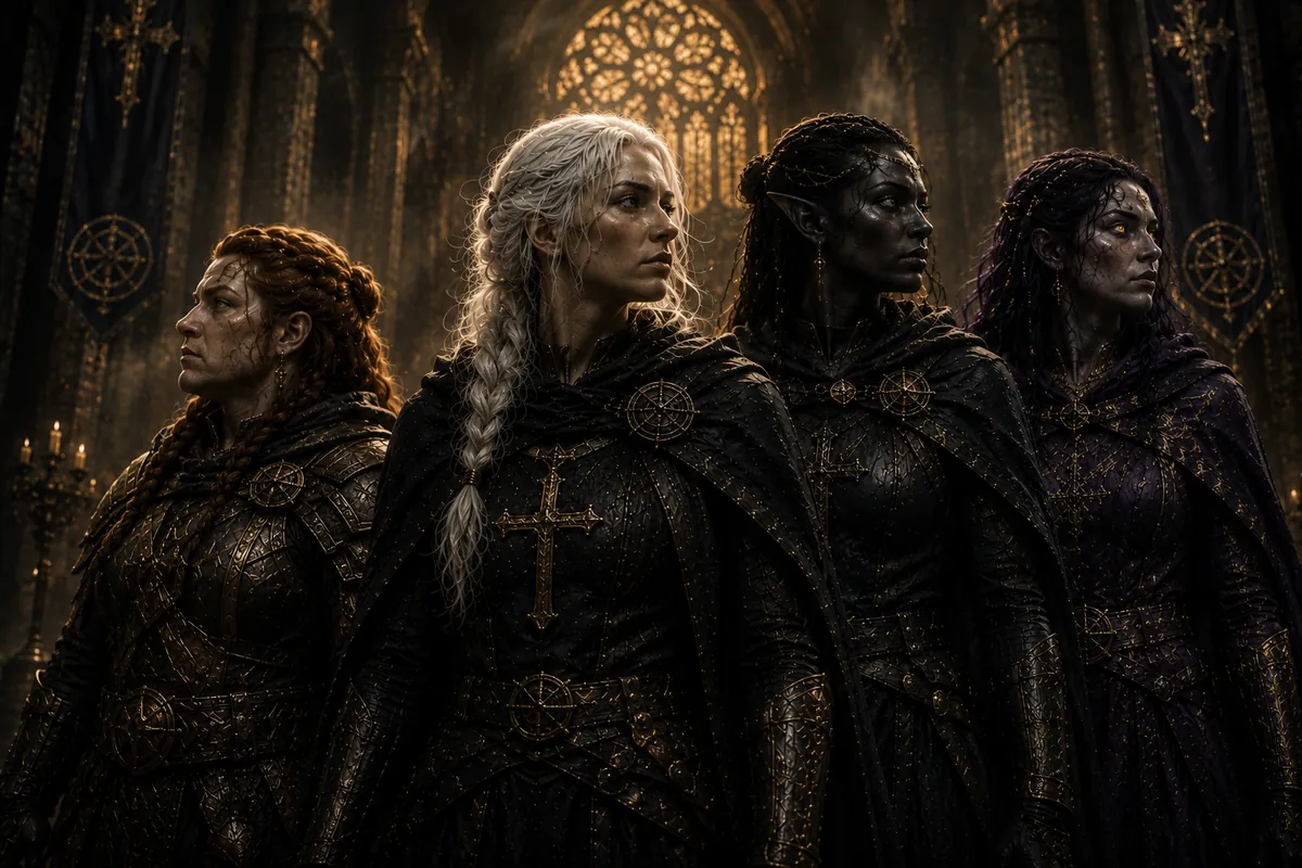 Four female Handii — a Human, a Dwarf, a Zaron Elf, and a Tulon — standing together in dark sacred vestments marked with cruciform iconography inside a candle-lit cathedral.