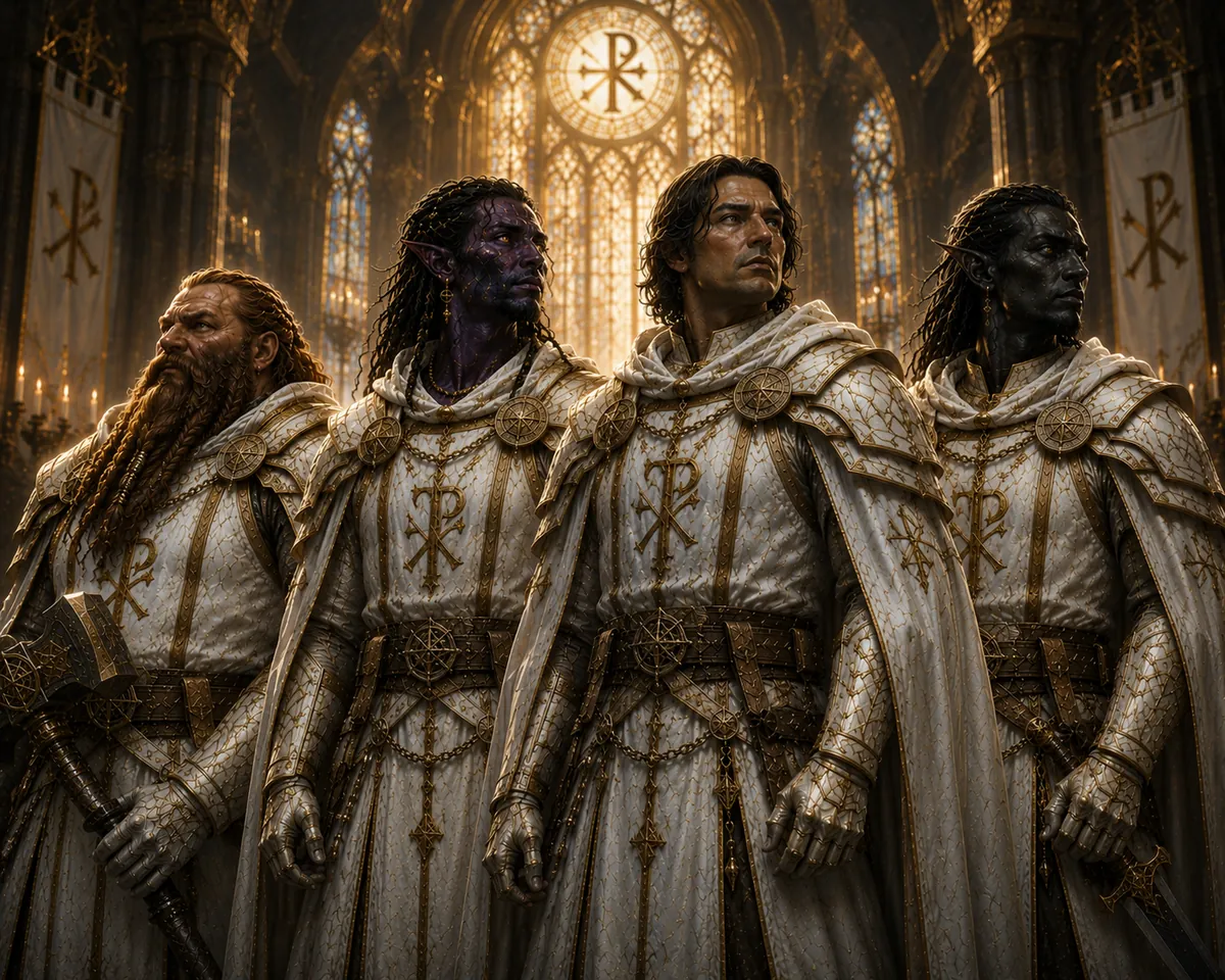 A gathering of Priests of many races in white Divinity Armor bearing the Chi-Rho, standing beneath a great stained-glass window in a sunlit basilica.
