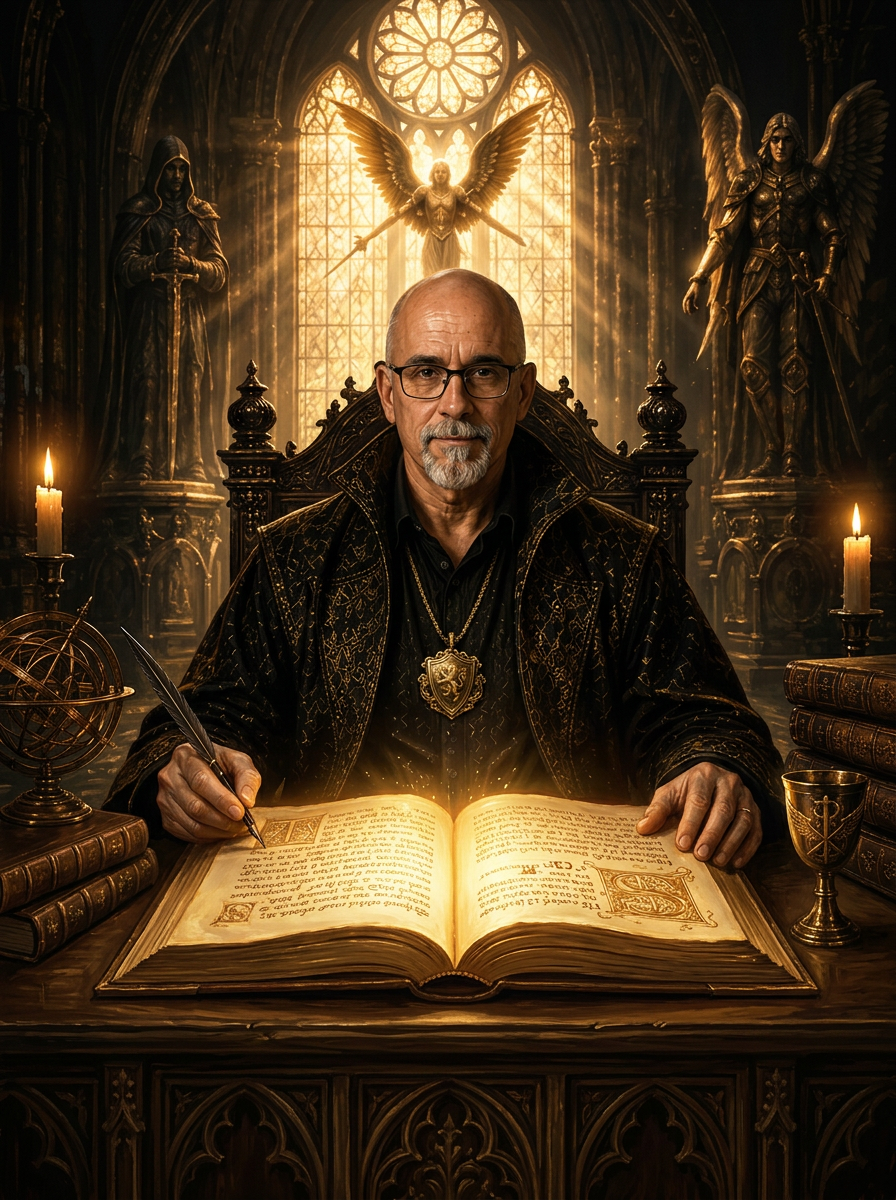 T.L.L. Quick — author of The Chronicles of the Archangels, seated at his scriptorium with the illuminated tome