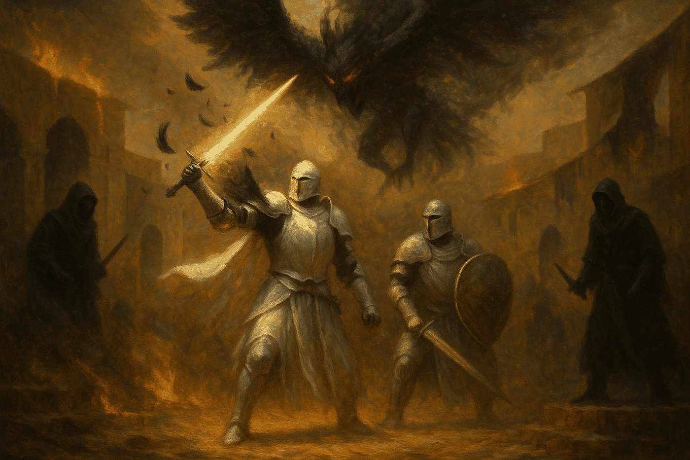 Epic battle in the desert during Redemption, Priests in Holy Armor confronting demonic forces