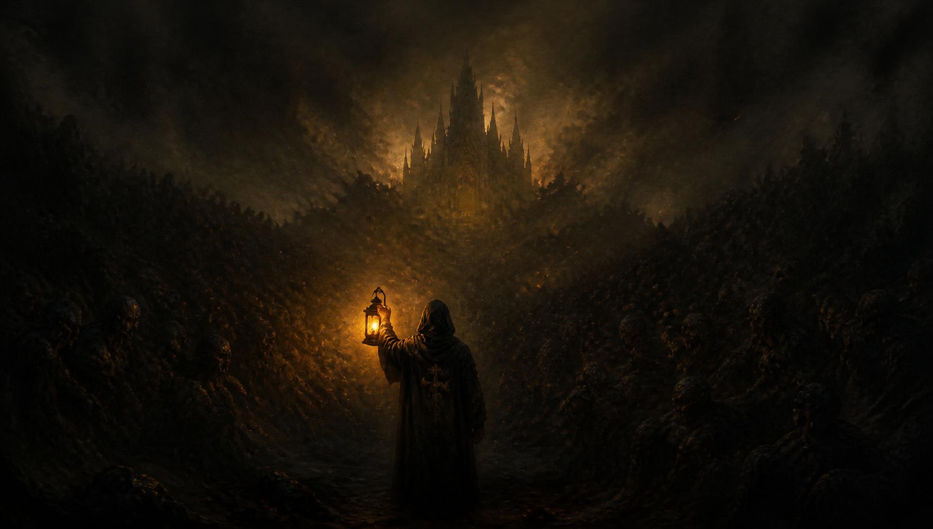 A hooded priest holds a small lantern before a gathering darkness, a distant cathedral catching the last of the light.