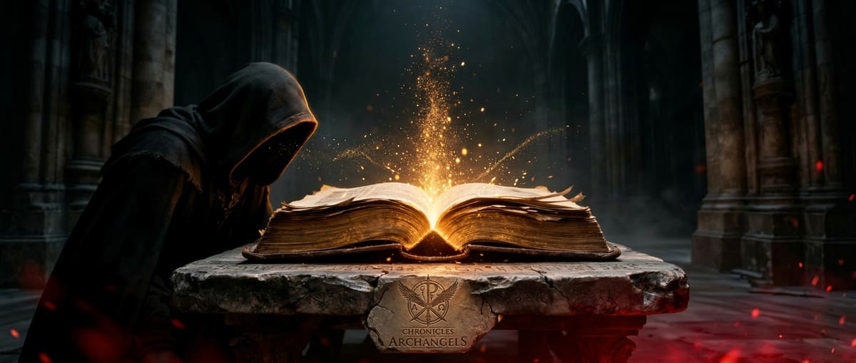 A ruined cathedral interior with a glowing open book on a stone writing table, lit by a sacred beam of light from a cracked ceiling