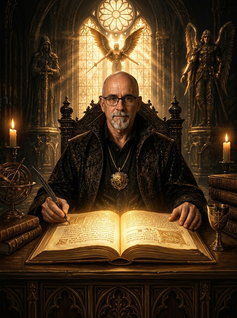 T.L.L. Quick — author of The Chronicles of the Archangels, seated at his scriptorium with the illuminated tome