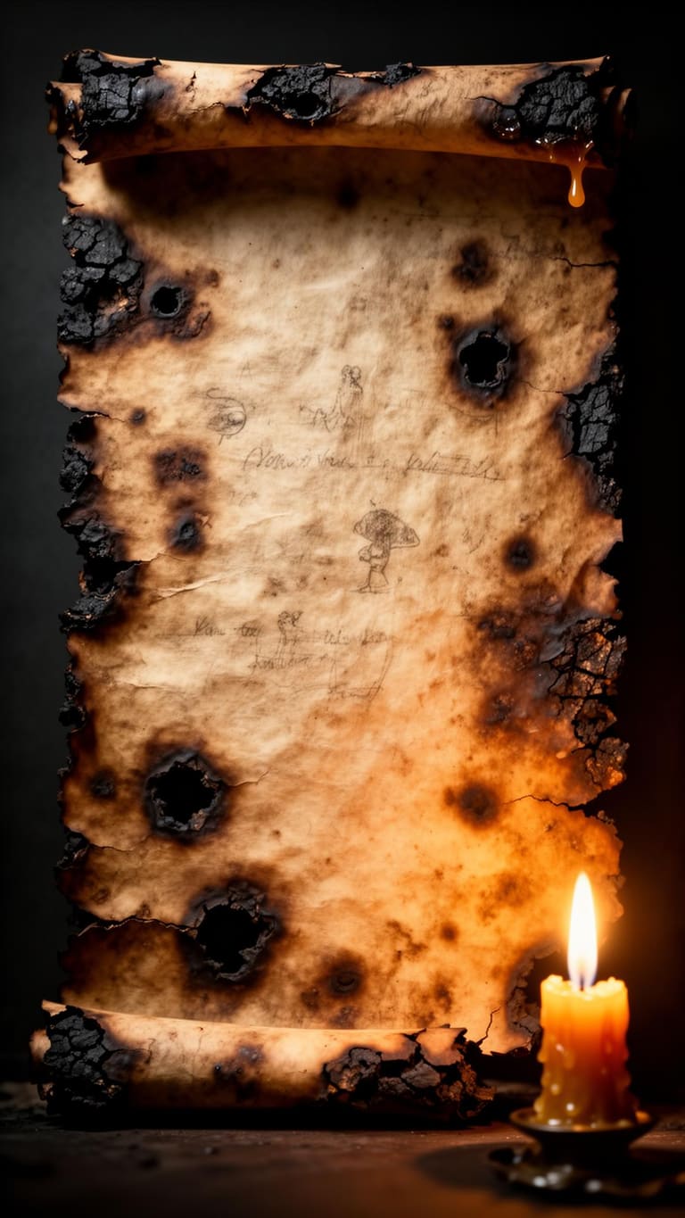 An ancient burnt parchment scroll lit by a single candle