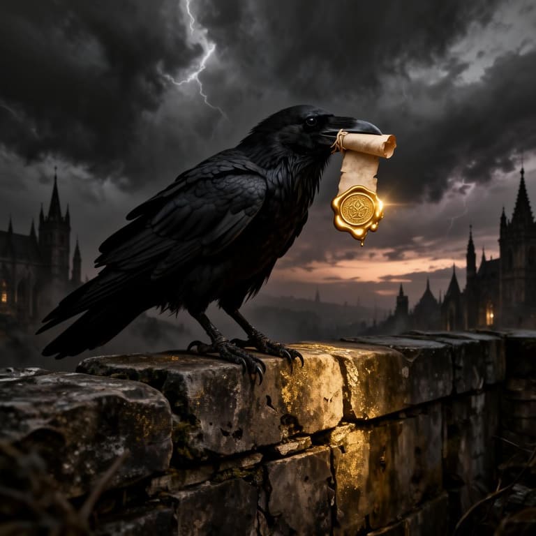 A black raven perched on weathered cathedral stone, a scroll sealed with gold wax hanging from its beak.