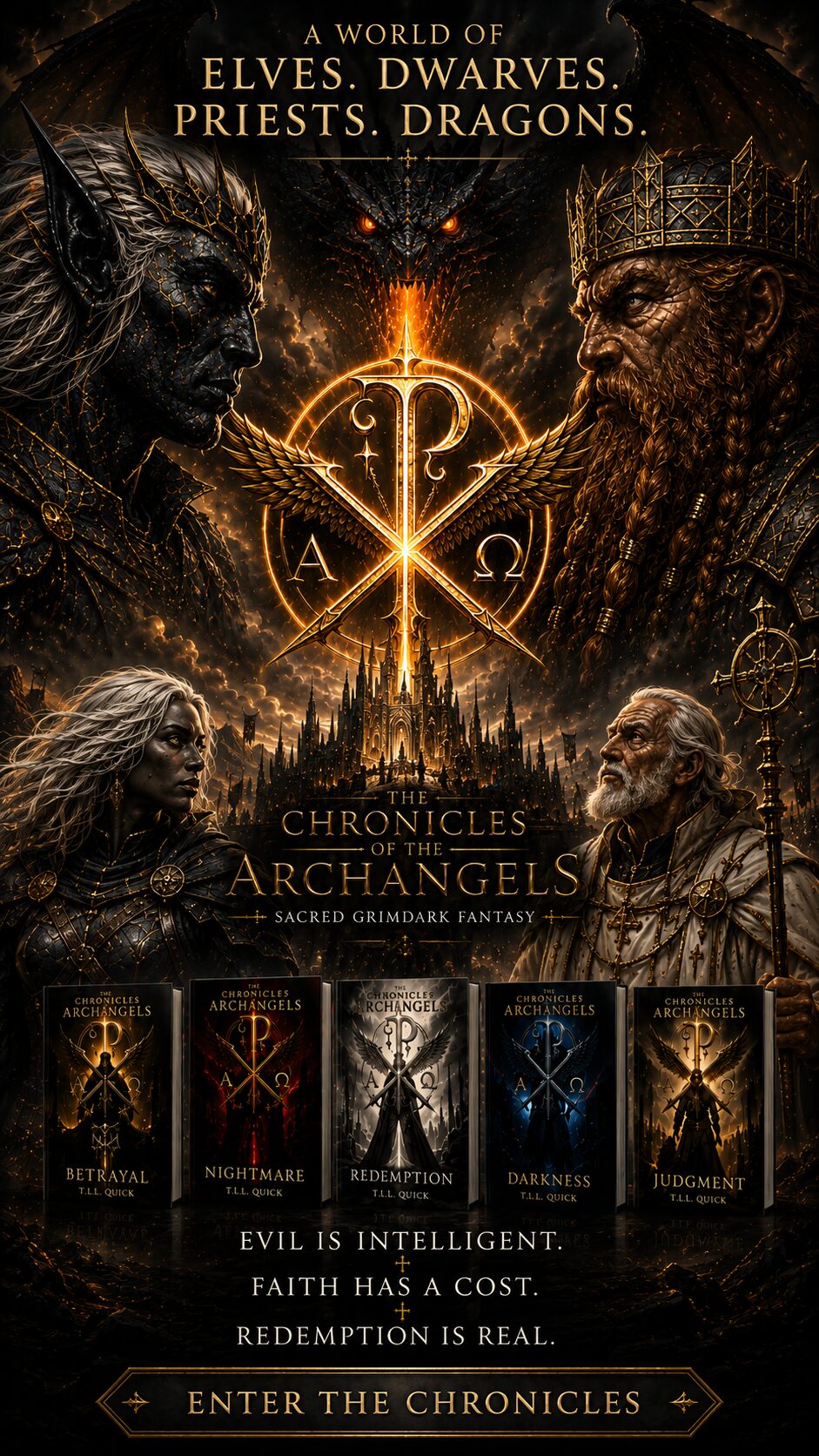 The Chronicles of the Archangels — elves, dwarves, priests, warriors, and dragons beneath the Sacred Grimdark Chi-Rho seal.