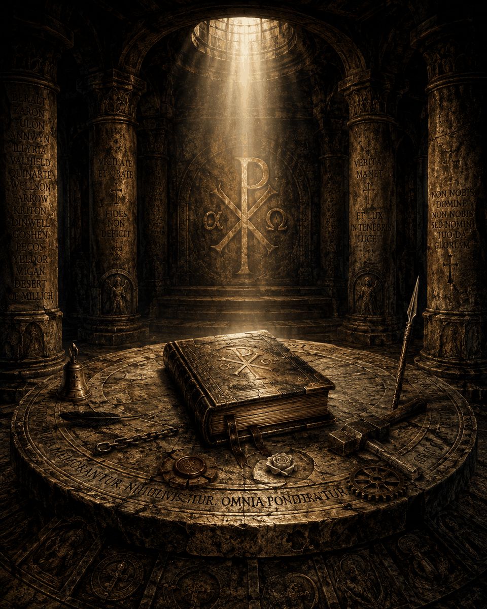 The First Witness — the lower chamber beneath the Basilica, an ancient tome upon the measuring stone beneath a shaft of light